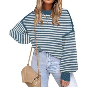 imageFall Clothes for Women 2025 Trendy Fashion Oversized Sweaters Color Block Long Sleeve Knited Pullover Tops Winter OutfitsStriped Blue