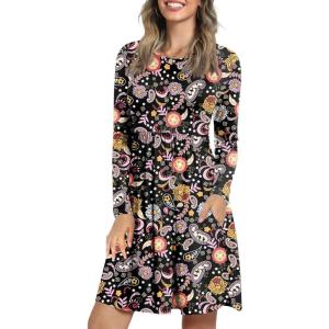 imageLONGYUAN Womens Dress Long Sleeve Knee Length Dresses Casual Fall Dress with Pockets Trendy 20251blackcolorful Flower