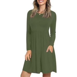 imageLONGYUAN Womens Dress Long Sleeve Knee Length Dresses Casual Fall Dress with Pockets Trendy 2025Army Green