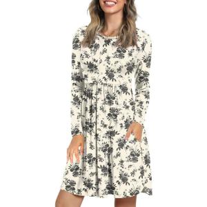 imageLONGYUAN Womens Dress Long Sleeve Knee Length Dresses Casual Fall Dress with Pockets Trendy 2025Black Flower White