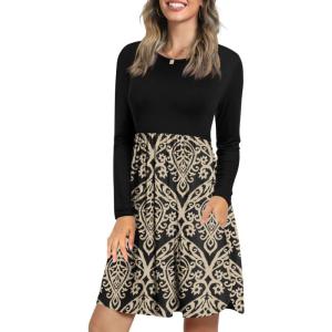 imageLONGYUAN Womens Dress Long Sleeve Knee Length Dresses Casual Fall Dress with Pockets Trendy 2025Blackkhaki Floral