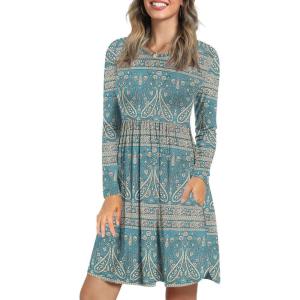 imageLONGYUAN Womens Dress Long Sleeve Knee Length Dresses Casual Fall Dress with Pockets Trendy 2025Bluekhaki