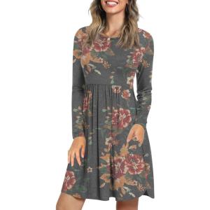 imageLONGYUAN Womens Dress Long Sleeve Knee Length Dresses Casual Fall Dress with Pockets Trendy 2025Brown Floral Black