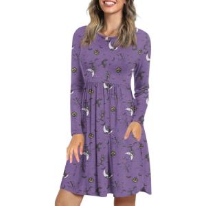 imageLONGYUAN Womens Dress Long Sleeve Knee Length Dresses Casual Fall Dress with Pockets Trendy 2025Dark Night Bat Purple