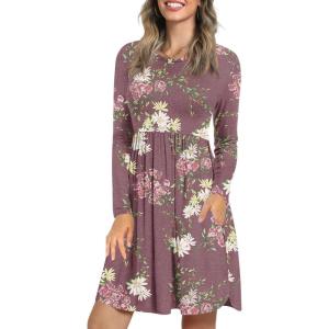 imageLONGYUAN Womens Dress Long Sleeve Knee Length Dresses Casual Fall Dress with Pockets Trendy 2025Floral Wine