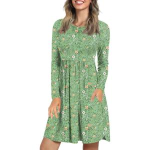 imageLONGYUAN Womens Dress Long Sleeve Knee Length Dresses Casual Fall Dress with Pockets Trendy 2025Green Flowers