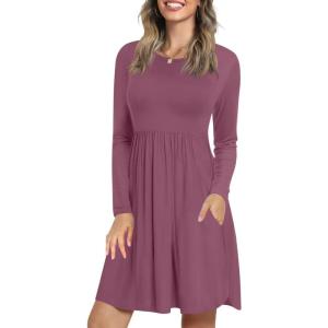 imageLONGYUAN Womens Dress Long Sleeve Knee Length Dresses Casual Fall Dress with Pockets Trendy 2025Purple Red
