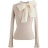 imageCHICWISH Women Bow Tied Long Sleeve Knit Top Mock Neck Slim Fitted Elegant Blouses Top Solid Wrap Pullover TopsCream