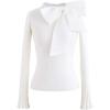 imageCHICWISH Women Bow Tied Long Sleeve Knit Top Mock Neck Slim Fitted Elegant Blouses Top Solid Wrap Pullover TopsWhite