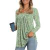 imageLONGYUAN Womens Long Sleeve Casual Tunics Tops 2025 Winter Loose Shirts Flare Blouse Comfy Elastic CuteGreen Flowers