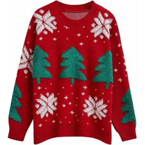 imageCHICWISH Christmas Sweater for Women Snowflake Christmas Tree Knit Sweatshirt Long Sleeve Xmas Holiday Shirt Pullover TopsRed