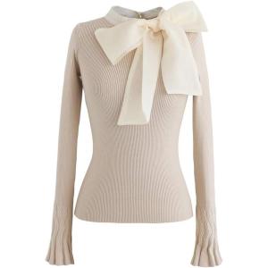 imageCHICWISH Women Bow Tied Long Sleeve Knit Top Mock Neck Slim Fitted Elegant Blouses Top Solid Wrap Pullover TopsCream