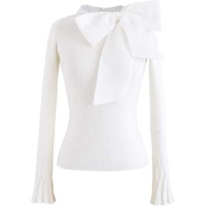 imageCHICWISH Women Bow Tied Long Sleeve Knit Top Mock Neck Slim Fitted Elegant Blouses Top Solid Wrap Pullover TopsWhite