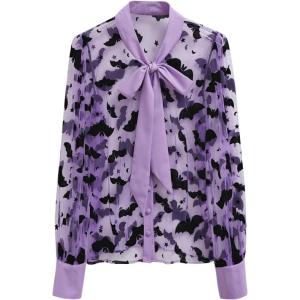 imageCHICWISH Women Mesh Tops Velvet Bats Printed Casual Shirt Self Tie Knot V Neck Long Sleeve Halloween Holiday Buttoned BlousePurple