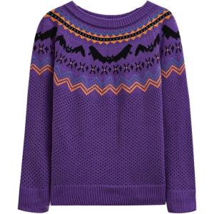 imageCHICWISH Women Spooky Bats Halloween Knit Sweater Casual Crewneck Long Sleeve Sweatershirt Holiday Print Pullover TopPurple