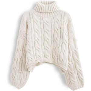 imageCHICWISH Women Turtleneck Christmas Sweater Cable Crop Long Sleeve Pullover Sweaters Fall Winter Casual Chunky Knit TopsSand