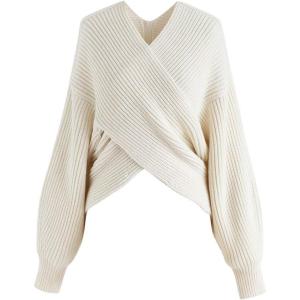imageCHICWISH Womens Comfy Casual Off WhiteBlack Crisscross Ribbed Soft Knit Sweater PulloverIvory