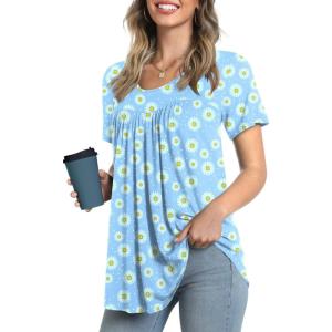 imageLONGYUAN Woman Stretch Soft Tops Tee Comfort Blouse Short Sleeve Flower Print Tunics BlueLittle Daisy XLarge