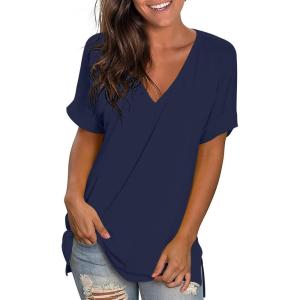 imageLONGYUAN Women Casual Short Sleeve Tshirts V Neck Loose Fitting Blouse Side Split Stretch Tops Navy BlueXLarge