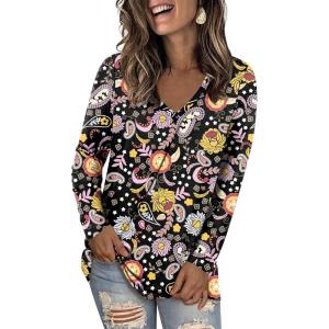 imageLONGYUAN Women Long Sleeve Tops Vneck Shirts Basic Loose Tunic Tops Casual 2025 Trendy BlousesBlackcolorful Flower