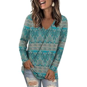 imageLONGYUAN Women Long Sleeve Tops Vneck Shirts Basic Loose Tunic Tops Casual 2025 Trendy BlousesBluekhaki