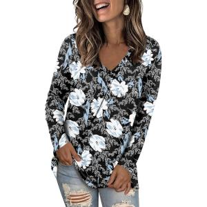 imageLONGYUAN Women Long Sleeve Tops Vneck Shirts Basic Loose Tunic Tops Casual 2025 Trendy BlousesWhite Lily