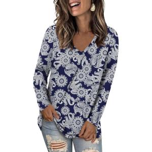 imageLONGYUAN Women Long Sleeve Tops Vneck Shirts Basic Loose Tunic Tops Casual 2025 Trendy BlousesWhite Sunflower