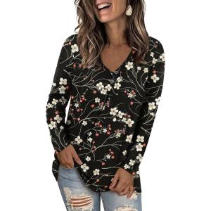 imageLONGYUAN Women Long Sleeve Tops Vneck Shirts Basic Loose Tunic Tops Casual 2025 Trendy BlousesWintersweetblack