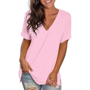 imageLONGYUAN Women Short Sleeve Lounge Tshirts V Neck Loose Fitting Blouse Side Split Soft Comfort Tops PinkXLarge