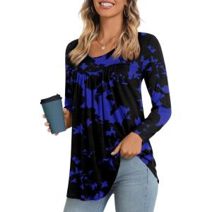 imageLONGYUAN Womens Long Sleeve Casual Tunics Tops 2025 Winter Loose Shirts Flare Blouse Comfy Elastic CuteBlue Flowers