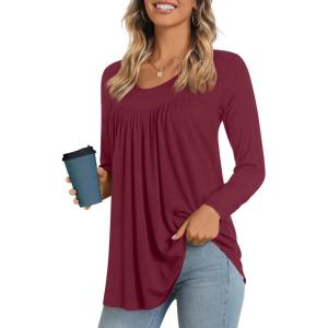 imageLONGYUAN Womens Long Sleeve Casual Tunics Tops 2025 Winter Loose Shirts Flare Blouse Comfy Elastic CuteBurgundy