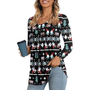 imageLONGYUAN Womens Long Sleeve Casual Tunics Tops 2025 Winter Loose Shirts Flare Blouse Comfy Elastic CuteChristmas Snowman