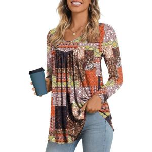 imageLONGYUAN Womens Long Sleeve Casual Tunics Tops 2025 Winter Loose Shirts Flare Blouse Comfy Elastic CuteColor Block Mixing