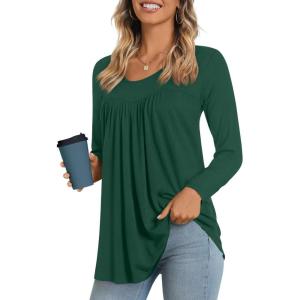 imageLONGYUAN Womens Long Sleeve Casual Tunics Tops 2025 Winter Loose Shirts Flare Blouse Comfy Elastic CuteDark Green