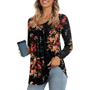 imageLONGYUAN Womens Long Sleeve Casual Tunics Tops 2025 Winter Loose Shirts Flare Blouse Comfy Elastic CuteFl Brown Black