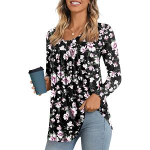 imageLONGYUAN Womens Long Sleeve Casual Tunics Tops 2025 Winter Loose Shirts Flare Blouse Comfy Elastic CuteFlower Pink Black
