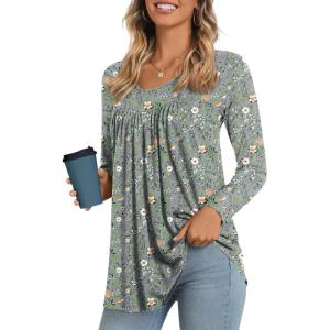 imageLONGYUAN Womens Long Sleeve Casual Tunics Tops 2025 Winter Loose Shirts Flare Blouse Comfy Elastic CuteGery Flowers