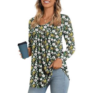 imageLONGYUAN Womens Long Sleeve Casual Tunics Tops 2025 Winter Loose Shirts Flare Blouse Comfy Elastic CuteHawthorn Flower