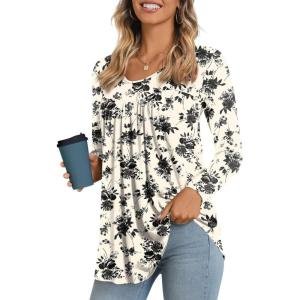 imageLONGYUAN Womens Long Sleeve Casual Tunics Tops 2025 Winter Loose Shirts Flare Blouse Comfy Elastic CuteInk Rose