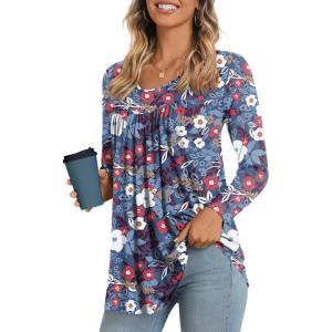 imageLONGYUAN Womens Long Sleeve Casual Tunics Tops 2025 Winter Loose Shirts Flare Blouse Comfy Elastic CuteMixed Blue Redflower