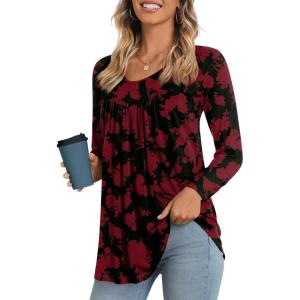 imageLONGYUAN Womens Long Sleeve Casual Tunics Tops 2025 Winter Loose Shirts Flare Blouse Comfy Elastic CuteRed Flower