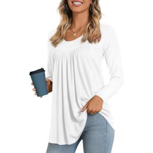 imageLONGYUAN Womens Long Sleeve Casual Tunics Tops 2025 Winter Loose Shirts Flare Blouse Comfy Elastic CuteWhite