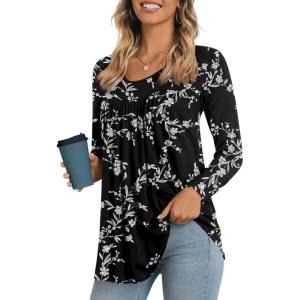 imageLONGYUAN Womens Long Sleeve Casual Tunics Tops 2025 Winter Loose Shirts Flare Blouse Comfy Elastic CuteWhite Black Flower