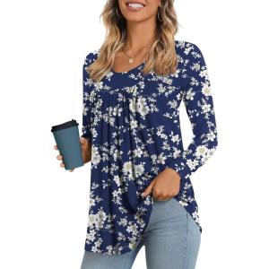 imageLONGYUAN Womens Long Sleeve Casual Tunics Tops 2025 Winter Loose Shirts Flare Blouse Comfy Elastic CuteWhite Flower