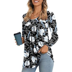 imageLONGYUAN Womens Long Sleeve Casual Tunics Tops 2025 Winter Loose Shirts Flare Blouse Comfy Elastic CuteWhite Lily