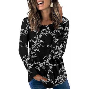 imageLONGYUAN Womens Long Sleeve Tops 2025 Fall Casual Tunic Stretchy Loose TShirts Basic BlouseAblack Carving