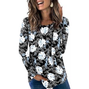 imageLONGYUAN Womens Long Sleeve Tops 2025 Fall Casual Tunic Stretchy Loose TShirts Basic BlouseAwhite Lily
