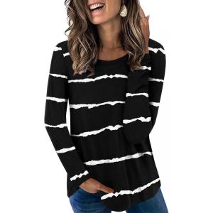 imageLONGYUAN Womens Long Sleeve Tops 2025 Fall Casual Tunic Stretchy Loose TShirts Basic BlouseBlack Stripe1