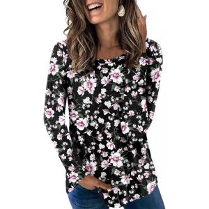 imageLONGYUAN Womens Long Sleeve Tops 2025 Fall Casual Tunic Stretchy Loose TShirts Basic BlouseBlackpink Floret1