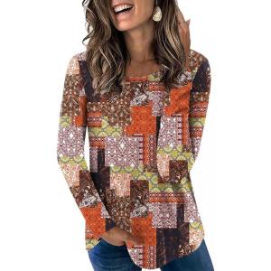 imageLONGYUAN Womens Long Sleeve Tops 2025 Fall Casual Tunic Stretchy Loose TShirts Basic BlouseColor Block Mixing